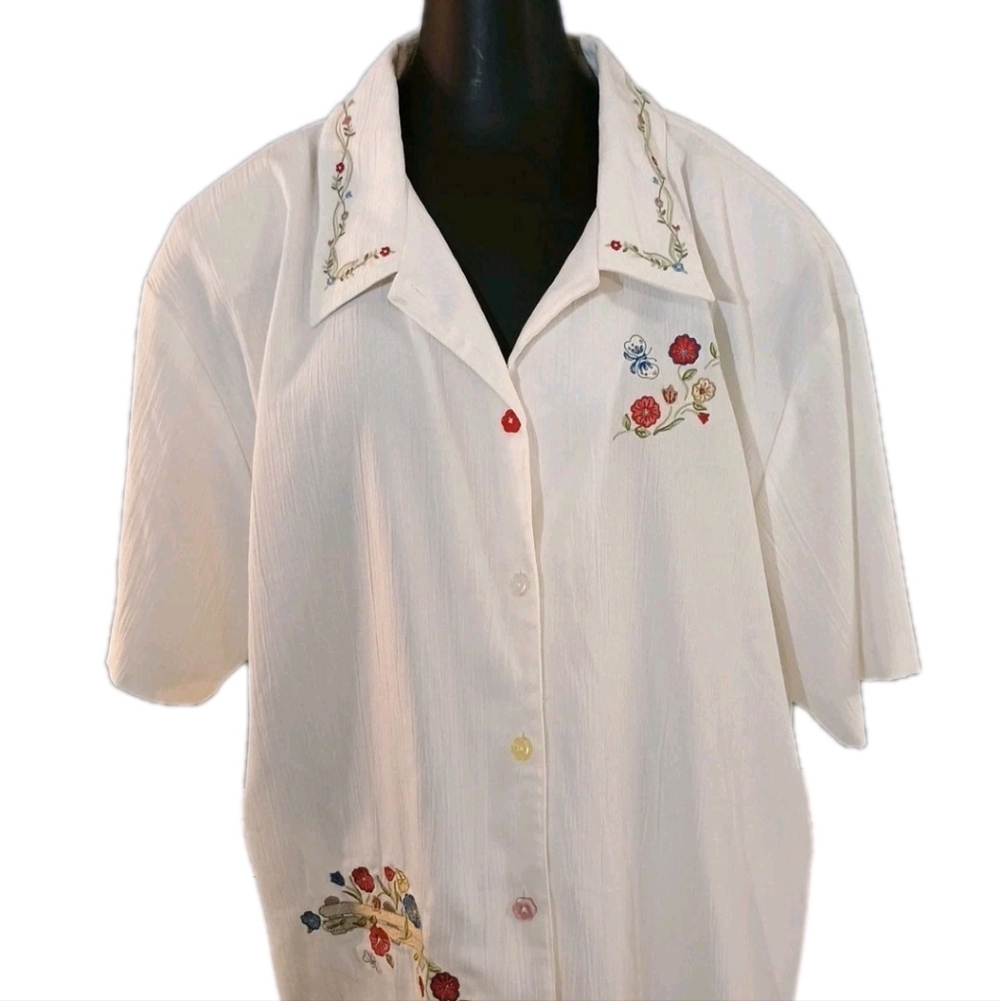 Vtg Teddi Blouse Womens sz 2X Button Up Embroidered Short Sleeve Cottage Core